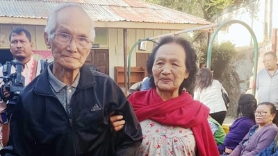 Elderly voters leave after casting their votes for the Mizoram Assembly elections, at a polling station in Aizawl. (ANI)