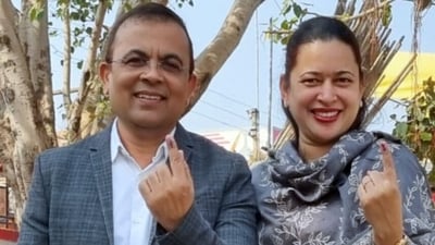 Voters show their ink-marked fingers after casting their votes for the first phase of the Chhattisgarh Assembly elections, at a polling center no. 207, in Kabirdham. (CEO, Chhattisgarh-X)