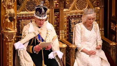 Britain's King Charles III delivers a speech beside Queen Camilla during the State Opening of Parliament in the House of Lords Chamber, in London, Britain, November 7, 2023. Leon Neal/Pool via REUTERS (via REUTERS)