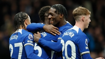 Chelsea's Nicolas Jackson celebrates with Chelsea's Lesley Ugochukwu after scoring his side's fourth goal during the English Premier League soccer match between Tottenham Hotspur and Chelsea, at Tottenham Hotspur Stadium, London (AP) Chelsea's Nicolas Jackson celebrates with Chelsea's Lesley Ugochukwu after scoring his side's fourth goal during the English Premier League soccer match between Tottenham Hotspur and Chelsea, at Tottenham Hotspur Stadium, London (AP)