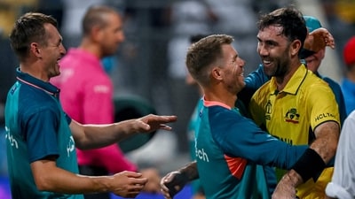 Australia's Glenn Maxwell (R) celebrates with teammates after winning the 2023 ICC Men's Cricket World Cup one-day international (ODI) match between Australia and Afghanistan (AFP) Australia's Glenn Maxwell (R) celebrates with teammates after winning the 2023 ICC Men's Cricket World Cup one-day international (ODI) match between Australia and Afghanistan (AFP)