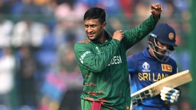 Bangladesh's captain Shakib Al Hasan gestures during the 2023 ICC Men's Cricket World Cup match vs Sri Lanka (AFP) Bangladesh's captain Shakib Al Hasan gestures during the 2023 ICC Men's Cricket World Cup match vs Sri Lanka (AFP)