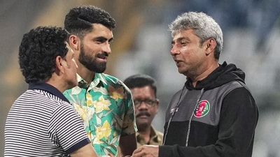 Cricket legend Sachin Tendulkar with Afghanistan team mentor Ajay Jadeja and batter Ibrahim Zardan at a practice session (PTI) Cricket legend Sachin Tendulkar with Afghanistan team mentor Ajay Jadeja and batter Ibrahim Zardan at a practice session (PTI)