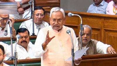 **EDS: GRAB VIA BIHAR VIDHAN SABHA TV** Patna: Bihar Chief Minister Nitish Kumar speaks during the Winter session of the Legislative Assembly, in Patna, Tuesday, Nov. 7, 2023. (PTI Photo) (PTI11_07_2023_000304B) **EDS: GRAB VIA BIHAR VIDHAN SABHA TV** Patna: Bihar Chief Minister Nitish Kumar speaks during the Winter session of the Legislative Assembly, in Patna, Tuesday, Nov. 7, 2023. (PTI Photo) (PTI11_07_2023_000304B)