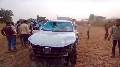 Union Minister Prahlad Singh Patel's damaged car after a road accident in Madhya Pradesh's Chhindwara. (PTI)
