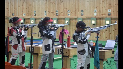 Players in action during the CBSE National Shooting Championship at Hallmark School in Panchkula. (Sant Arora/HT)