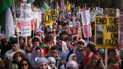 Protesters gather at the Freedom Plaza during the National March on Washington for Palestine while calling for a ceasefire between Israel and Hamas (Getty Images via AFP) Protesters gather at the Freedom Plaza during the National March on Washington for Palestine while calling for a ceasefire between Israel and Hamas (Getty Images via AFP)