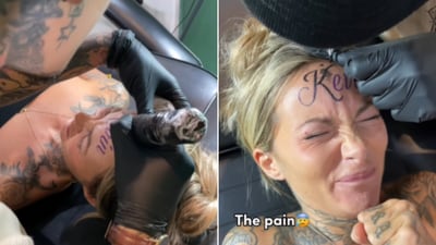 The woman getting the name 'Kevin' written on her forehead. (Instagram/@ana_stanskovsky) The woman getting the name 'Kevin' written on her forehead. (Instagram/@ana_stanskovsky)