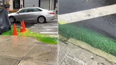 The image shows a green liquid covering an NYC street. (Screengrab) The image shows a green liquid covering an NYC street. (Screengrab)