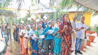 Voters outside a polling booth in Chhattisgarh’s Kanker district on Tuesday. (PTI) Voters outside a polling booth in Chhattisgarh’s Kanker district on Tuesday. (PTI)
