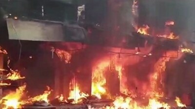 Fire breaks out at a shop in Rajkamal Chowk area of Dhangadhra town, Surendranagar district, Gujarat.