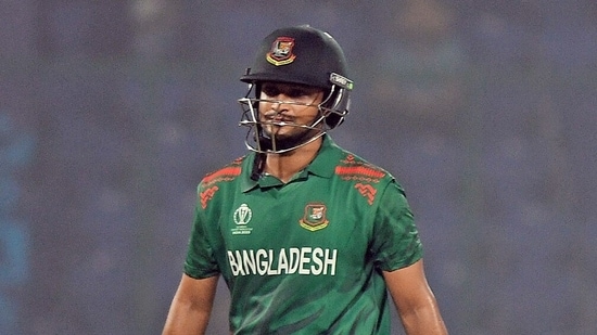 Bangladesh's captain Shakib Al Hasan walks back after being dismissed by Sri Lanka's Angelo Mathews during their match in the ICC Men's Cricket World Cup 2023, at Arun Jaitley Stadium in New Delhi (ANI)