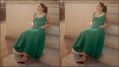 In terms of accessories, Bhumi kept things minimal and styled her look with just a sleek choker necklace and a pair of burgundy stiletto heels, adding the perfect finishing touch to her chic look. (Instagram/@bhumipednekar)