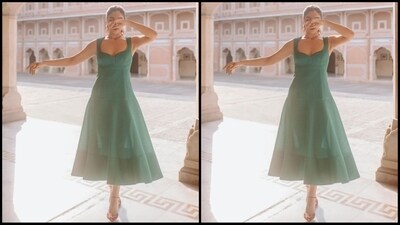 Bhumi's stunning green dress was sourced from Carolina Herrera, while her styling was expertly done by fashion stylist Manisha Melwani. (Instagram/@bhumipednekar)