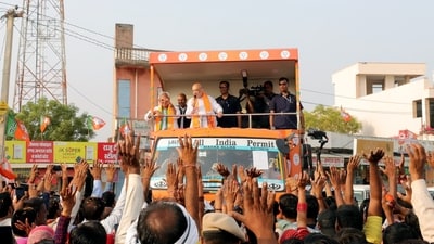 Union Home Minister Amit Shah addresses a public meeting for the upcoming Rajasthan Assembly elections, on Tuesday. (ANI Photo)