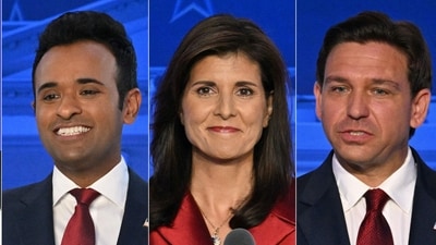 Former New Jersey Governor Chris Christie, Florida Governor Ron DeSantis, former South Carolina Governor Nikki Haley, entrepreneur Vivek Ramaswamy and South Carolina Senator Tim Scott. (Photo by Frederic J. BROWN and Robyn BECK / AFP) (AFP)
