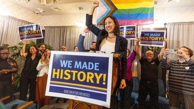 Democratic City Council candidate Rue Landau speaks at an election night party in front of her supporters in Philadelphia, Pa., on Tuesday, Nov., 7, 2023.(Tyger Williams/The Philadelphia Inquirer via AP) (AP)