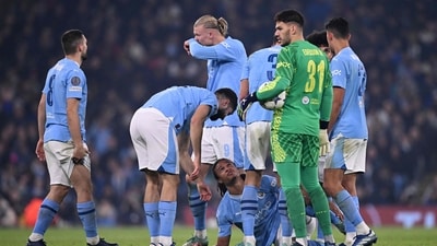 Manchester City's Dutch defender #06 Nathan Ake reacts to being foouled during the UEFA Champions League Group B second leg football match between Manchester City and Young Boys (AFP) Manchester City's Dutch defender #06 Nathan Ake reacts to being foouled during the UEFA Champions League Group B second leg football match between Manchester City and Young Boys (AFP)