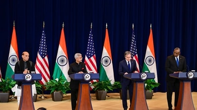 Defence Minister Rajnath Singh, External Affairs Minister S. Jaishankar, U.S. Secretary of State Antony Blinken and U.S. Defense Secretary Lloyd Austin (right) (PTI) Defence Minister Rajnath Singh, External Affairs Minister S. Jaishankar, U.S. Secretary of State Antony Blinken and U.S. Defense Secretary Lloyd Austin (right) (PTI)
