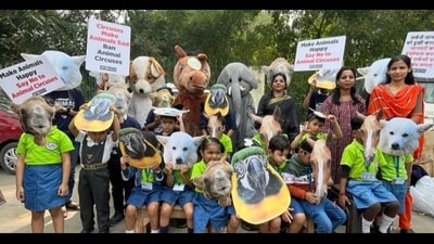 School kids in animal costumes during the demonstration in Prayagraj on Wednesday. (HT Photo) School kids in animal costumes during the demonstration in Prayagraj on Wednesday. (HT Photo)