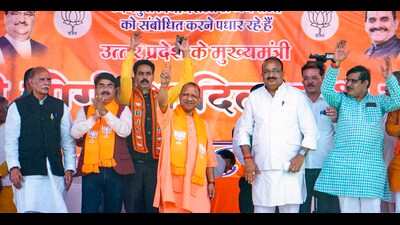 Uttar Pradesh Chief Minister Yogi Adityanath during a public meeting ahead of the upcoming Madhya Pradesh Assembly elections, at Udaipura, in Raisen district on Wednesday. (PTI) Uttar Pradesh Chief Minister Yogi Adityanath during a public meeting ahead of the upcoming Madhya Pradesh Assembly elections, at Udaipura, in Raisen district on Wednesday. (PTI)