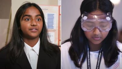 The image shows 12-year-old Shanya Gill who designed an 'improved' fire-detection device. (YouTube/@SocietyforScience)
