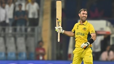 Glenn Maxwell  of Australia celebrates 200 and win against Afghanistan, during cricket world cup, at Wankhede Stadium. (Hindustan Times)