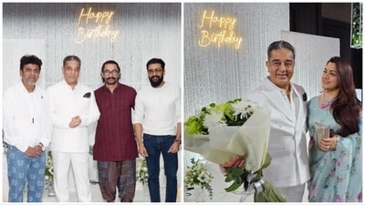 Kamal Haasan was joined by Shivarajkumar, Aamir Khan, Suriya, Khushbu Sundar and others at his birthday party. Kamal Haasan was joined by Shivarajkumar, Aamir Khan, Suriya, Khushbu Sundar and others at his birthday party.