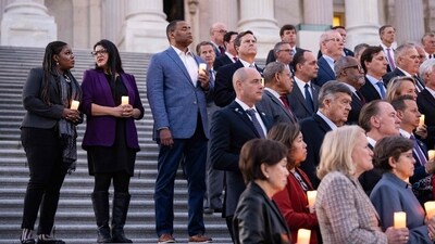 WASHINGTON, DC - NOVEMBER 7: At left, Rep. Cori Bush (D-MO) and Rep. Rashida Tlaib (D-MI) attend talk with each other as they attend a bipartisan candlelight vigil with members of Congress to commemorate one month since the Hamas terrorist attacks in Israel on October 7, (Getty Images via AFP) WASHINGTON, DC - NOVEMBER 7: At left, Rep. Cori Bush (D-MO) and Rep. Rashida Tlaib (D-MI) attend talk with each other as they attend a bipartisan candlelight vigil with members of Congress to commemorate one month since the Hamas terrorist attacks in Israel on October 7, (Getty Images via AFP)
