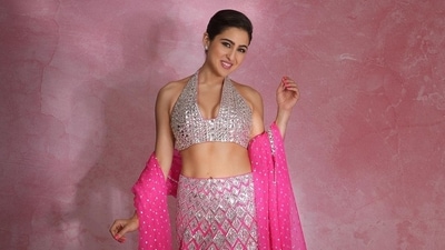 Sara Ali Khan wore a pink lehenga to designer Manish Malhotra's Diwali party in Mumbai.