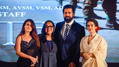 Meghna Gulzar with actors Vicky Kaushal, Fatima Sana Shaikh, Sanya Malhotra at the trailer launch of their movie Sam Bahadur. (PTI) Meghna Gulzar with actors Vicky Kaushal, Fatima Sana Shaikh, Sanya Malhotra at the trailer launch of their movie Sam Bahadur. (PTI)