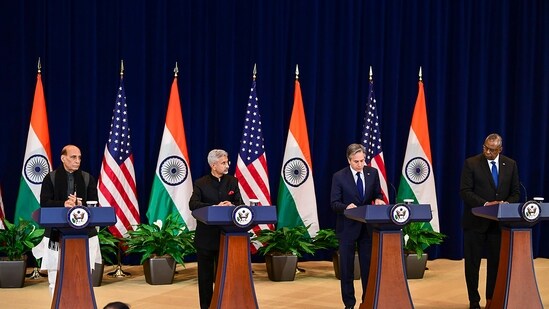 Defence Minister Rajnath Singh, External Affairs Minister S. Jaishankar, U.S. Secretary of State Antony Blinken and U.S. Defense Secretary Lloyd Austin (right) (PTI)
