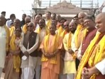 Uttar Pradesh CM Yogi Adityanath along with his cabinet colleagues, at the Shri Ram Janmabhoomi Mandir construction site in Ayodhya on November 9. Uttar Pradesh CM Yogi Adityanath along with his cabinet colleagues, at the Shri Ram Janmabhoomi Mandir construction site in Ayodhya on November 9.