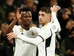 Soccer Football - Champions League - Group C - Real Madrid v S.C. Braga - Santiago Bernabeu, Madrid, Spain - November 8, 2023 Real Madrid's Vinicius Junior celebrates scoring their second goal with Federico Valverde 