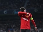 Manchester United's Bruno Fernandes reacts after United's defeat. Manchester United's Bruno Fernandes reacts after United's defeat.