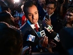 Entrepreneur Vivek Ramaswamy speaks to members of the media in the spin room following the third Republican presidential primary debate. Entrepreneur Vivek Ramaswamy speaks to members of the media in the spin room following the third Republican presidential primary debate.