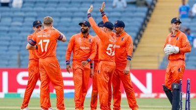 Netherlands' Logan van Beek celebrates the wicket of England's Joe Root during their match in the ICC Men's Cricket World Cup 2023. (ANI ) Netherlands' Logan van Beek celebrates the wicket of England's Joe Root during their match in the ICC Men's Cricket World Cup 2023. (ANI )