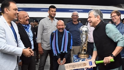 Union Minister for Railways Ashwini Vaishnaw at the launch of Legends League Cricket Trophy Tour on Vande Bharat express (ANI)