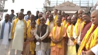 Uttar Pradesh CM Yogi Adityanath along with his cabinet colleagues, at the Shri Ram Janmabhoomi Mandir construction site in Ayodhya on November 9. (ANI) Uttar Pradesh CM Yogi Adityanath along with his cabinet colleagues, at the Shri Ram Janmabhoomi Mandir construction site in Ayodhya on November 9. (ANI)