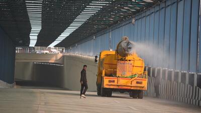 An anti-smog gun sprays water on the Gurugram-Sohna Road near the Vatika Chowk underpass in Gurugram on Thursday. (Parveen Kumar/HT Photo) An anti-smog gun sprays water on the Gurugram-Sohna Road near the Vatika Chowk underpass in Gurugram on Thursday. (Parveen Kumar/HT Photo)
