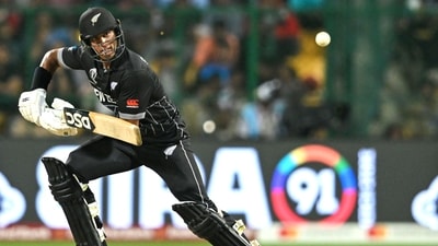New Zealand's Rachin Ravindra watches the ball after playing a shot during the 2023 World Cup match between New Zealand and Sri Lanka (AFP) New Zealand's Rachin Ravindra watches the ball after playing a shot during the 2023 World Cup match between New Zealand and Sri Lanka (AFP)