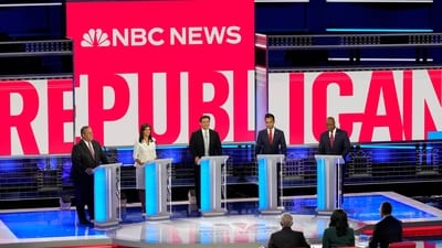 Republican presidential candidates from left, former New Jersey Gov. Chris Christie, former UN Ambassador Nikki Haley, Florida Gov. Ron DeSantis, businessman Vivek Ramaswamy and Sen. Tim Scott, R-S.C., participate in a Republican presidential primary debate hosted by NBC News Wednesday, Nov. 8, 2023. (AP) Republican presidential candidates from left, former New Jersey Gov. Chris Christie, former UN Ambassador Nikki Haley, Florida Gov. Ron DeSantis, businessman Vivek Ramaswamy and Sen. Tim Scott, R-S.C., participate in a Republican presidential primary debate hosted by NBC News Wednesday, Nov. 8, 2023. (AP)