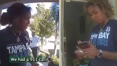 The image shows a cop speaking with a woman whose kid called 911. (Facebook/Hillsborough County Sheriff's Office) The image shows a cop speaking with a woman whose kid called 911. (Facebook/Hillsborough County Sheriff's Office)