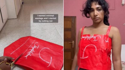 The image shows a designer who made a DIY crop top using a shopping bag. (Instagram/@hannah.liz.jacob) The image shows a designer who made a DIY crop top using a shopping bag. (Instagram/@hannah.liz.jacob)