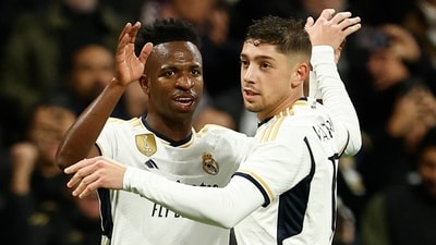 Soccer Football - Champions League - Group C - Real Madrid v S.C. Braga - Santiago Bernabeu, Madrid, Spain - November 8, 2023 Real Madrid's Vinicius Junior celebrates scoring their second goal with Federico Valverde (REUTERS)