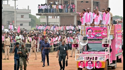 Telangana Chief Minister and Bharat Rashtra Samithi (BRS) chief K Chandrashekar Rao waves to the supporters during a roadshow on his way to file the nomination papers from the Gajwel constituency for the State Assembly elections, in Siddipet on Thursday. (ANI)