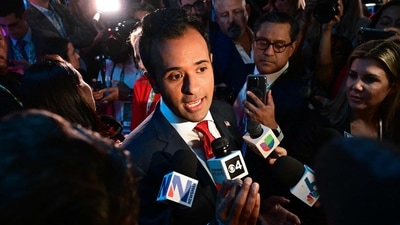 Entrepreneur Vivek Ramaswamy speaks to members of the media in the spin room following the third Republican presidential primary debate. (AFP) Entrepreneur Vivek Ramaswamy speaks to members of the media in the spin room following the third Republican presidential primary debate. (AFP)