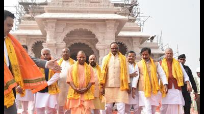 Uttar Pradesh Chief Minister Yogi Adityanath along with his cabinet ministers visited Ayodhya’s Ram Temple construction site before the cabinet meeting in Ayodhya, Uttar Pradesh India on Thursday (Deepak Gupta/Hindustan Times) Uttar Pradesh Chief Minister Yogi Adityanath along with his cabinet ministers visited Ayodhya’s Ram Temple construction site before the cabinet meeting in Ayodhya, Uttar Pradesh India on Thursday (Deepak Gupta/Hindustan Times)