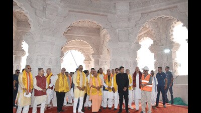 Uttar Pradesh Chief Minister Yogi Adityanath with State Deputy CM Brajesh Pathak and cabinet colleagues visits the Shri Ram Janmabhoomi Mandir construction site, in Ayodhya on Thursday. (Deepak Gupta/ht photo)