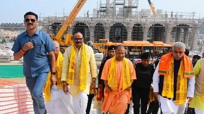 Uttar Pradesh Chief Minister Yogi Adityanath at the construction site of the Ram Temple in Ayodhya. (Deepak Gupta/Hindustan Times) Uttar Pradesh Chief Minister Yogi Adityanath at the construction site of the Ram Temple in Ayodhya. (Deepak Gupta/Hindustan Times)